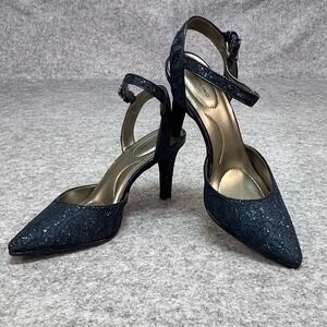 Bandolino Navy Blue Lace Glitter Pointed Toe Ankle Strap Pumps Formal Heels 7.5M